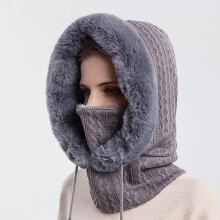 Women's Winter One-Piece Loose Wool Hat Scarf Mask Drawstring Warm Sweater Hood Knitted Beanie Gray_Surprise Gift