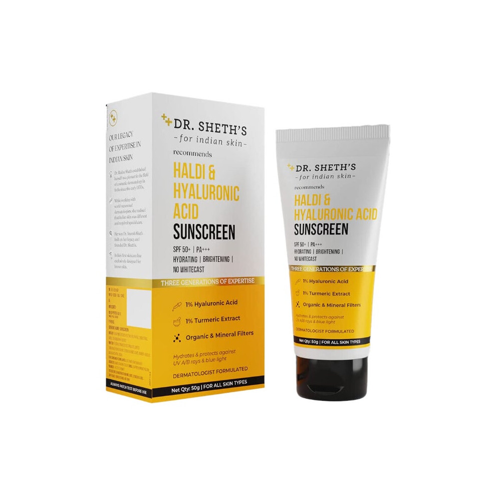 Dr. Sheth's Haldi and Hyaluronic Acid Sunscreen SPF 50+ PA+++ |Hydrating Sunscreen, Turmeric Skincare, Lightweight Sunscreen - 50g