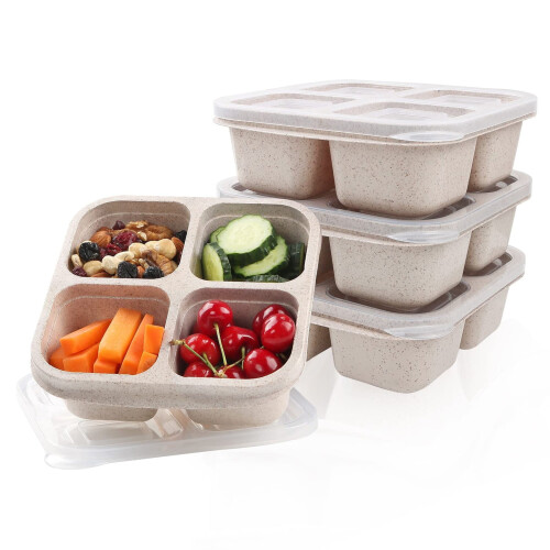 Coffret Bento en paille de blé, 4 compartiments, lot de 4 1