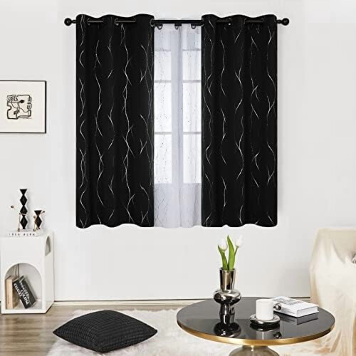 Blackout Curtains 42x45 in, Silver Foil Print, 2-Pc