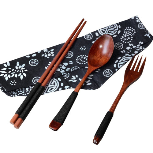 Wooden Chopsticks, Spoon & Fork Set 3-Piece