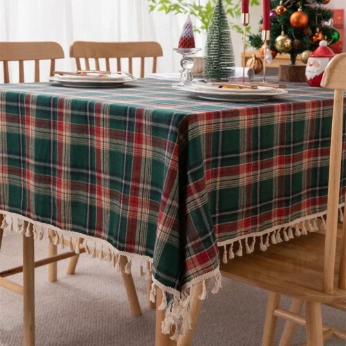 Red and Green Plaid Polyester Tablecloth