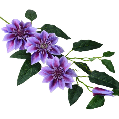 Ornamento de flor artificial de clematis roxa com folhas verdes. 1