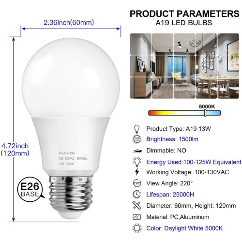 A19 LED Bulb 5000K 1500 lm 13W E26 Base 12-Pack 2