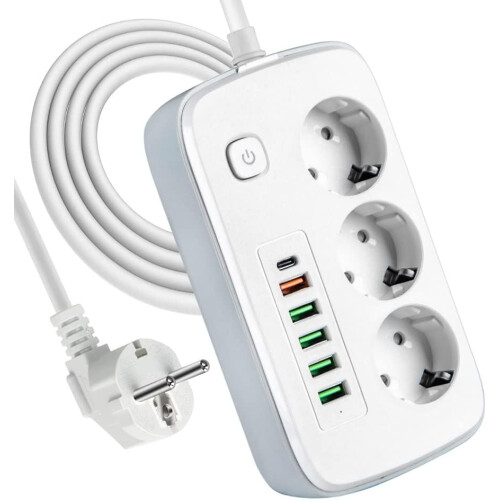 Multi-socket with USB, 3-socket socket with 5 USB sockets and 1 USB-C compatible desk with switch, 2 meter extension cord, adapter_Surprise Gift