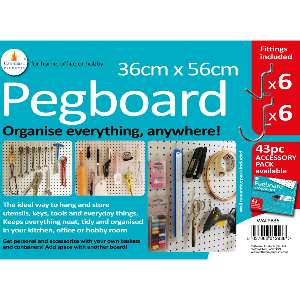 Cathedral Products Walpb36 Peg Board 36 X 56 White With 12 Hooks - White 5037062012936