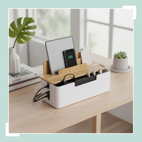 Bamboo Cable Organizer Box with Phone & Tablet Holders 2