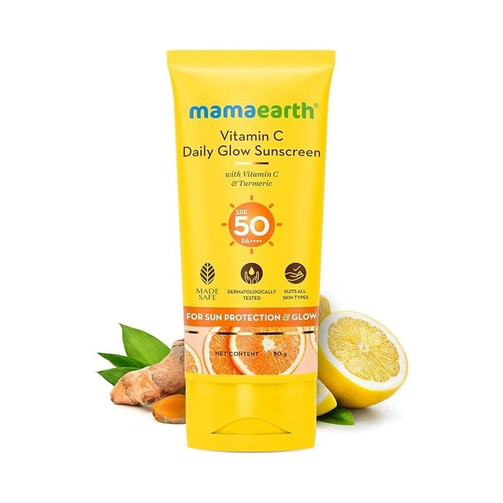 Mamaearth Vitamin C Daily Glow Sunscreen | Turmeric for Sun Protection | Lightweight & Non-Sticky | For All Skin Types. - 80g