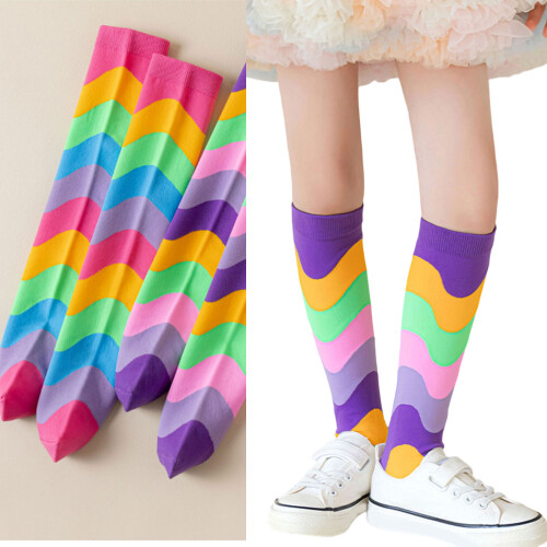 Kids Long Socks Vibrant Rainbow Stripes Comfortable Elastic-Red 2