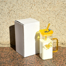 Square Glass Tumbler with Handle & Straw, 350ml, Yellow
