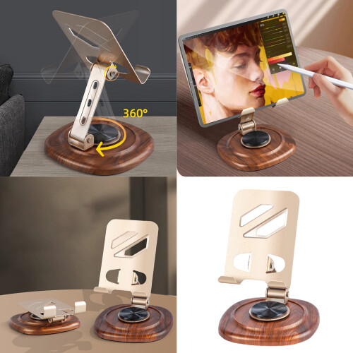 Rotating Phone Stand With Walnuts Base Adjustable Height 1