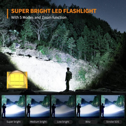 Black Friday Ultra-powerful extremely bright flashlight Powerful flashlight with waterproof Type-C cable 5 modes compatible camping, hunting and emer 2