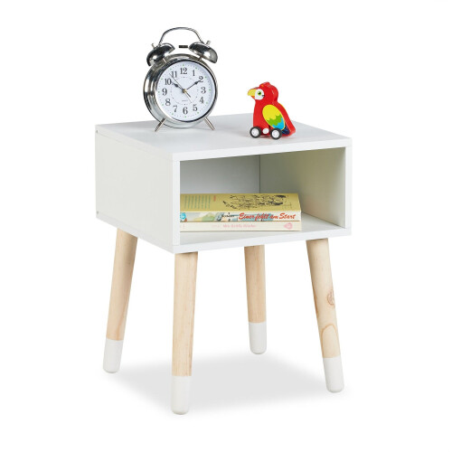 Comodino per bambini con ripiano, gambe in legno