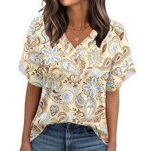 Women's Summer Non-Position Printed Petal Sleeve V-Neck-Beige L