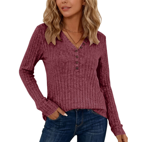 Womens Vintage Knit Tops Babydoll Pullover Button Down-Red XL