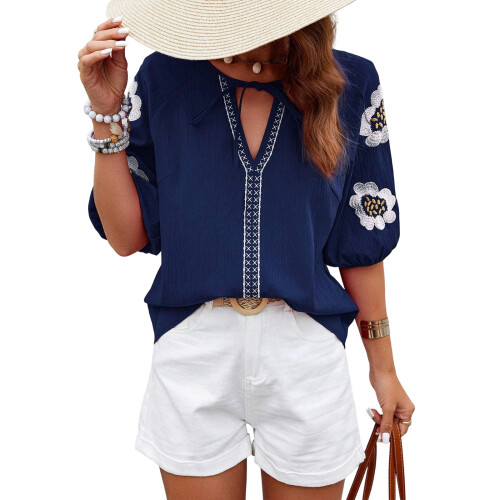 Women's work button-down shirt, long-sleeved V-neck-Navy Blue M
