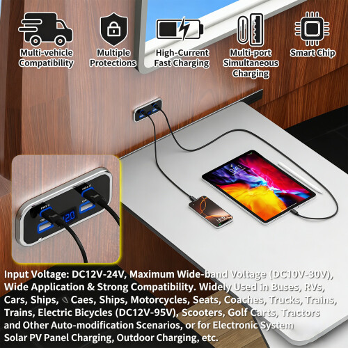 Double USB PD QC3.0 Chargers Socket 4 Ports Voltmeter Display 1