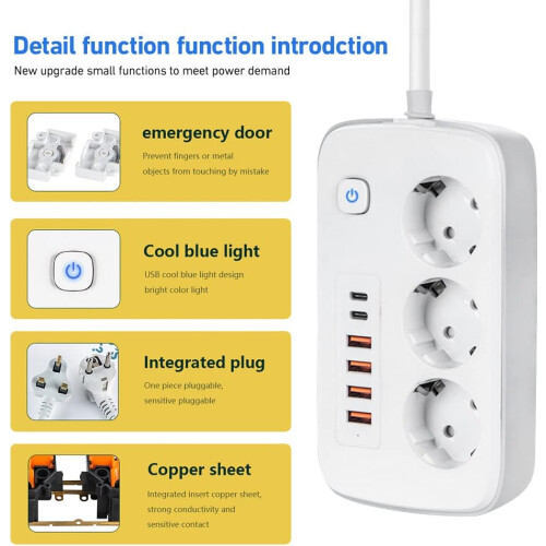 Multi-socket with USB, 3-socket socket with 5 USB sockets and 1 USB-C compatible desk with switch, 2 meter extension cord, adapter_Surprise Gift 1
