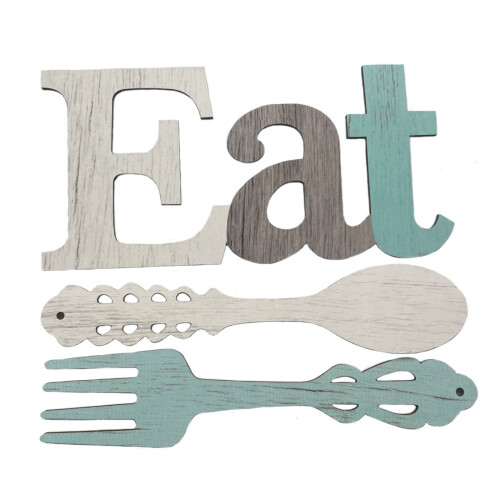Rustikales Holzschild-Set „ESSEN“ mit Gabel und Löffel – Hellblau