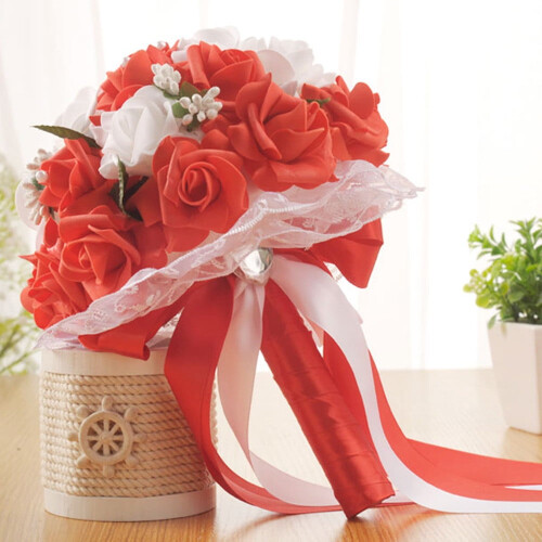 Artificial Silk Rose Bridal Bouquet 25x20cm Satin Handle