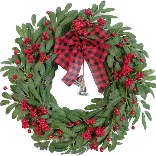 Olive Christmas Wreath with Red Berries 20in