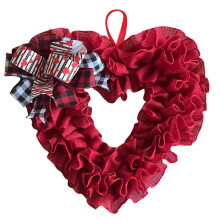 Red Burlap Heart Wreath 14 Inch with Buffalo Plaid Bow