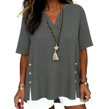 Linen Top for Women V Neck Casual Loose Shirts Buttons-Gray XXL