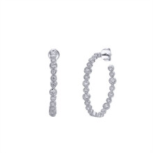 Jewelco London Rhodium Silver Round CZ Inside Out Eternity Hoop Drop Earrings - AES233