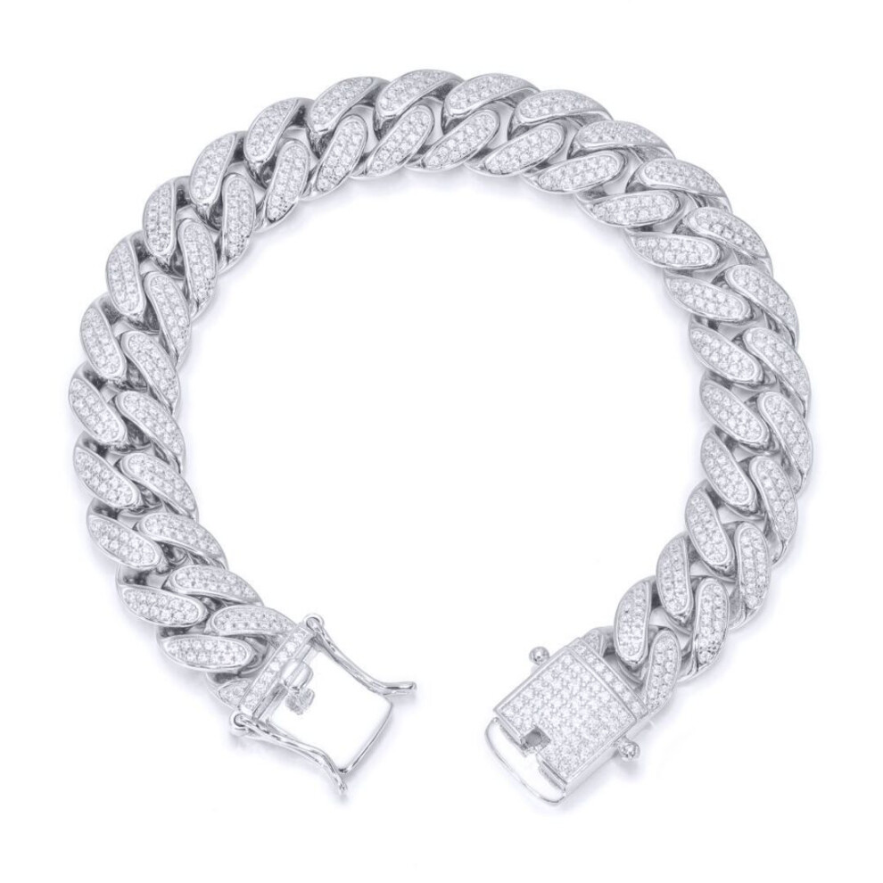 Jewelco London Rhodium Silver Round Cz Encrusted Cuban Curb 12Mm Chain Bracelet - Abb199-7.5