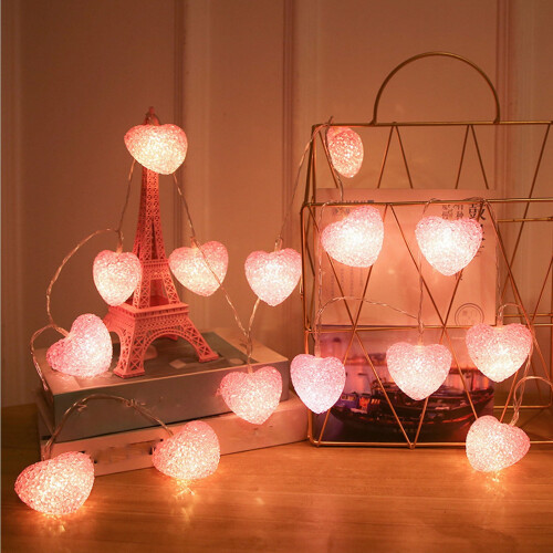 Pink LED Heart String Lights 3m 20 Bulbs Battery Powered