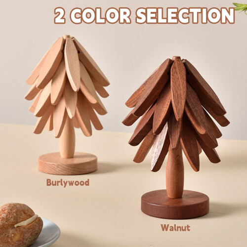 Walnut Wood Tree Trivet Set 4 pcs + Stand 1