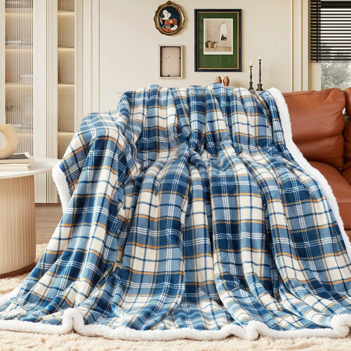 Navy Blue Plaid Sherpa Throw Blanket 60" x 80"