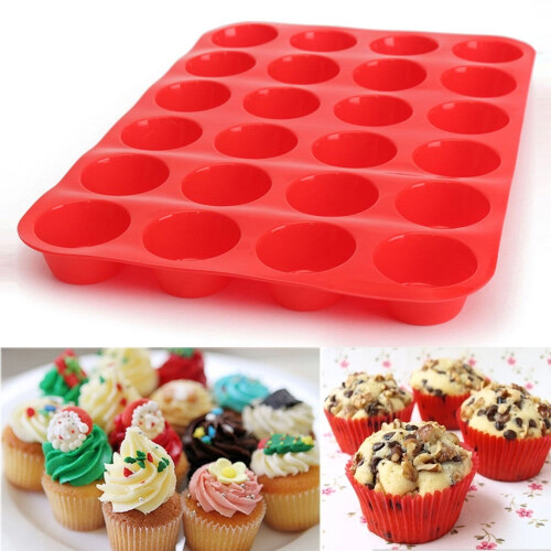 Forma de silicone para muffins com 24 cavidades, própria para alimentos e resistente ao calor.
