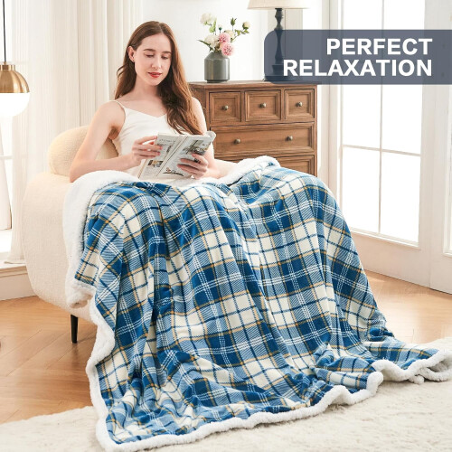 Navy Blue Plaid Sherpa Throw Blanket 60" x 80" 1