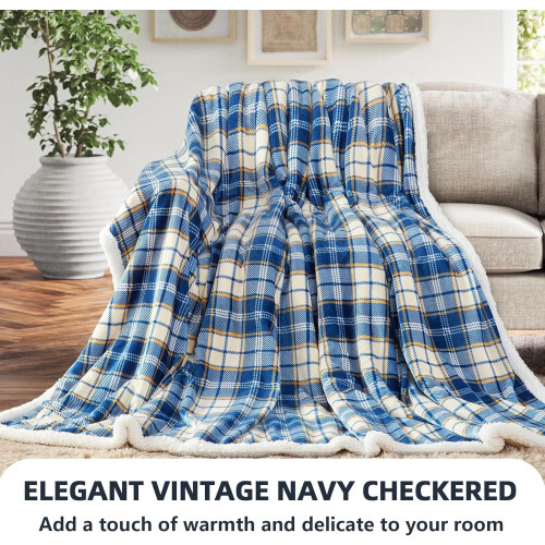Navy Blue Plaid Sherpa Throw Blanket 60" x 80" 2