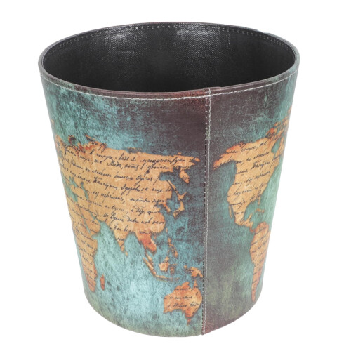 Vintage Map Leather Trash Can – 12 x 16 x 16.5 cm