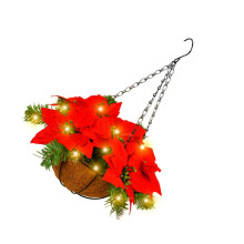 Red Artificial Poinsettia Hanging Basket with LED Lights