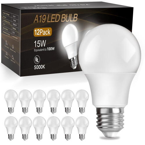 A19 LED Bulb 100W Equivalent 5000K 15W 1500 lm E26 12 Pack