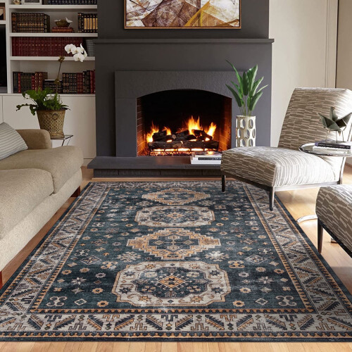 5x7 ft Machine Washable Low Pile Area Rug Blue