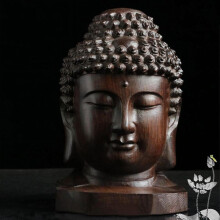 Statue de tête de Bouddha sculptée dans le bois, chinoise