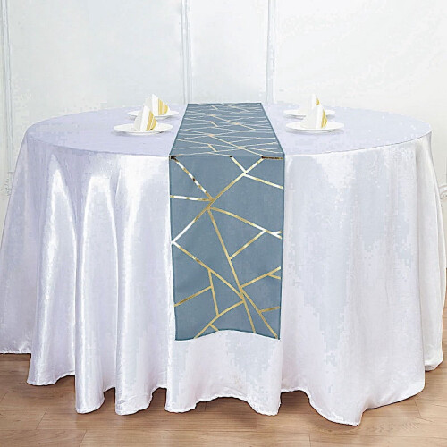 Geometric Polyester Table Runner Dusty Blue Gold 12 x 108 in