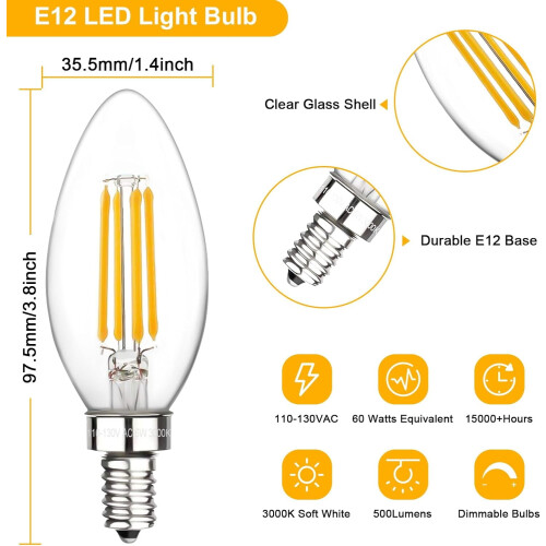 E12 Dimmable LED Candle Bulb 6W 3000K Clear 6-Pack 1