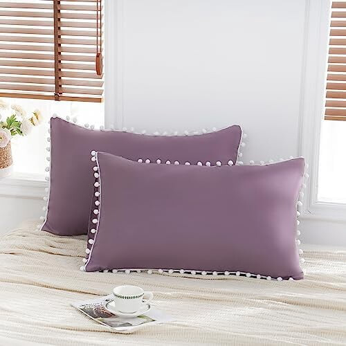 Purple Pom Pom Pillow Covers, King Size, 2 Pack 2