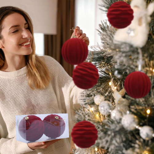 Flocked Christmas Balls 10 cm 2-Piece Red Set