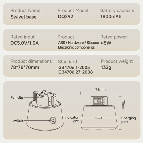 Two Setting Portable Fan 1800mAh Rechargeable Energy-White 1