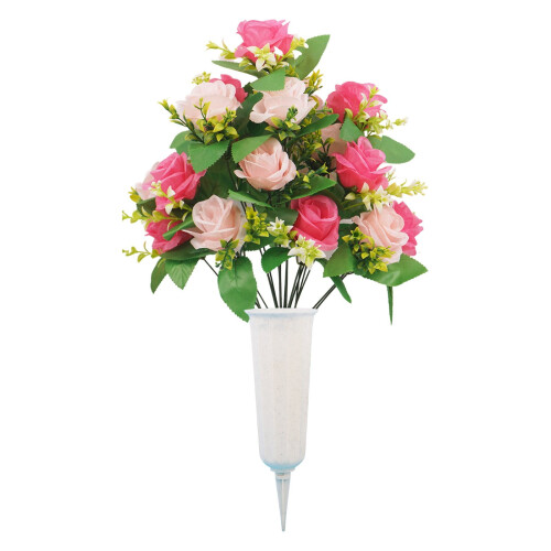 2 Pink Artificial Rose Bouquets with Vases for Cemetery