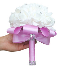 Artificial White Bridal Bouquet with Rhinestones & Ribbon