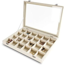 Wooden Velvet Jewelry Tray with Glass Lid, 14 x 9.5 x 2 in