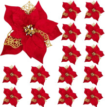 Artificial Poinsettia Flowers with Clips, 15 pcs, Gold Red