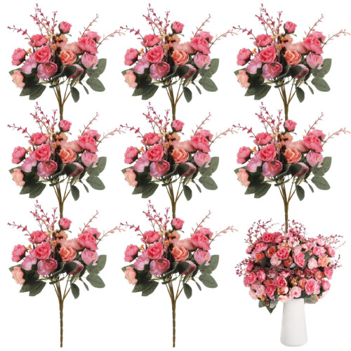 8-Pack Artificial Rose Bouquets, Silk & Plastic, 21-Head